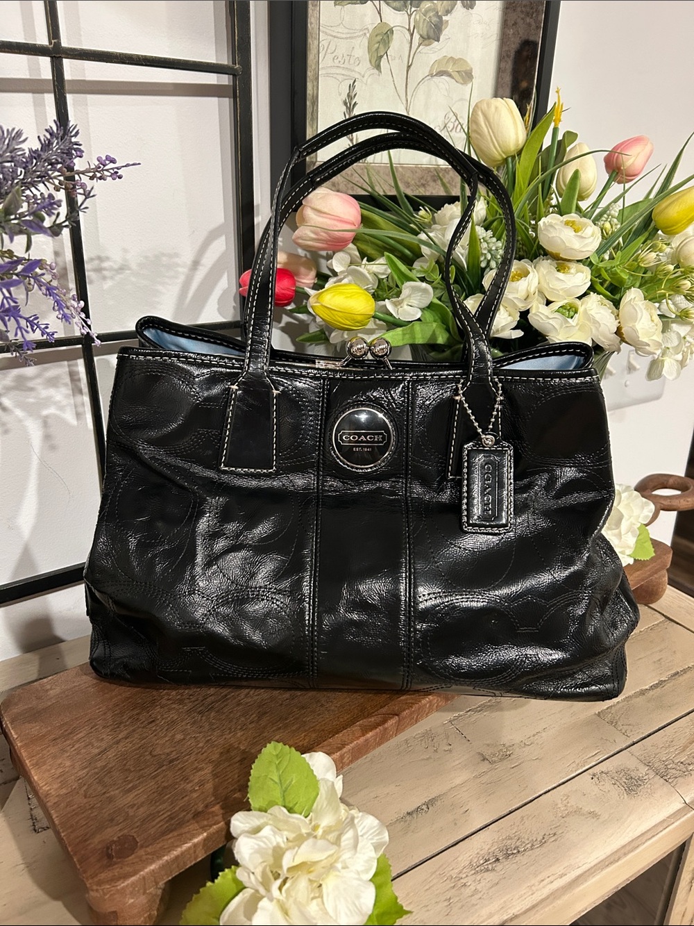 Coach Shiny Black Leather Tote with Signature Tag